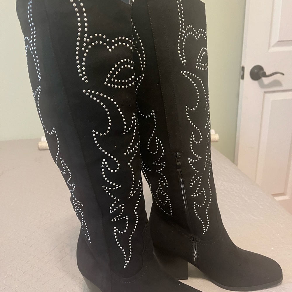 Black Studded Knee-High Boots